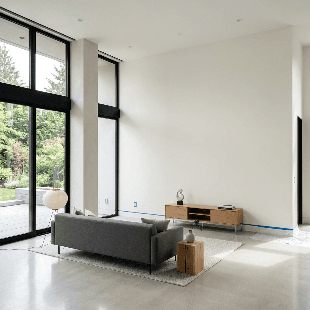 Modern living room interior with white walls